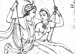 Radha und Krishna auf der Schaukel - Skizze von Jutta Zimmermann